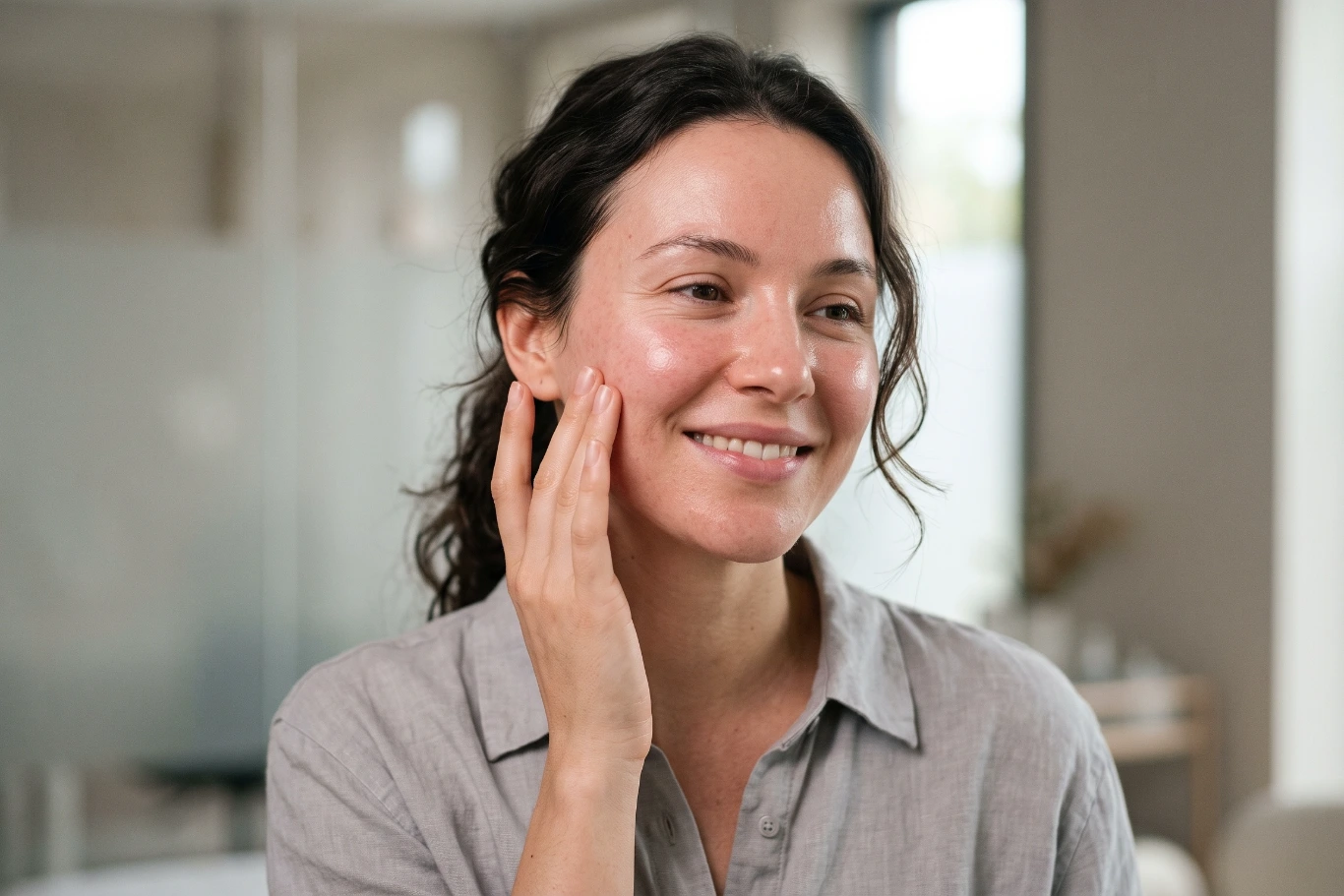 Woman smiling and touching her cheek smooth and glowing skin